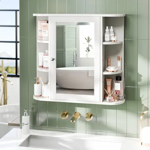 Walsunny Bathroom Medicine Cabinet with Mirror, Wall Mounted Storage Cabinet, Mirror Door & 6 Open Adjustable Shelves, Bathroom Wall Organizer, White