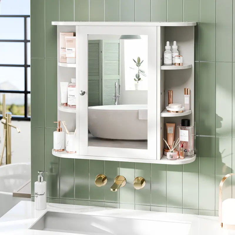 Walsunny Bathroom Medicine Cabinet with Mirror, Wall Mounted Storage Cabinet, Mirror Door & 6 Open Adjustable Shelves, Bathroom Wall Organizer, White