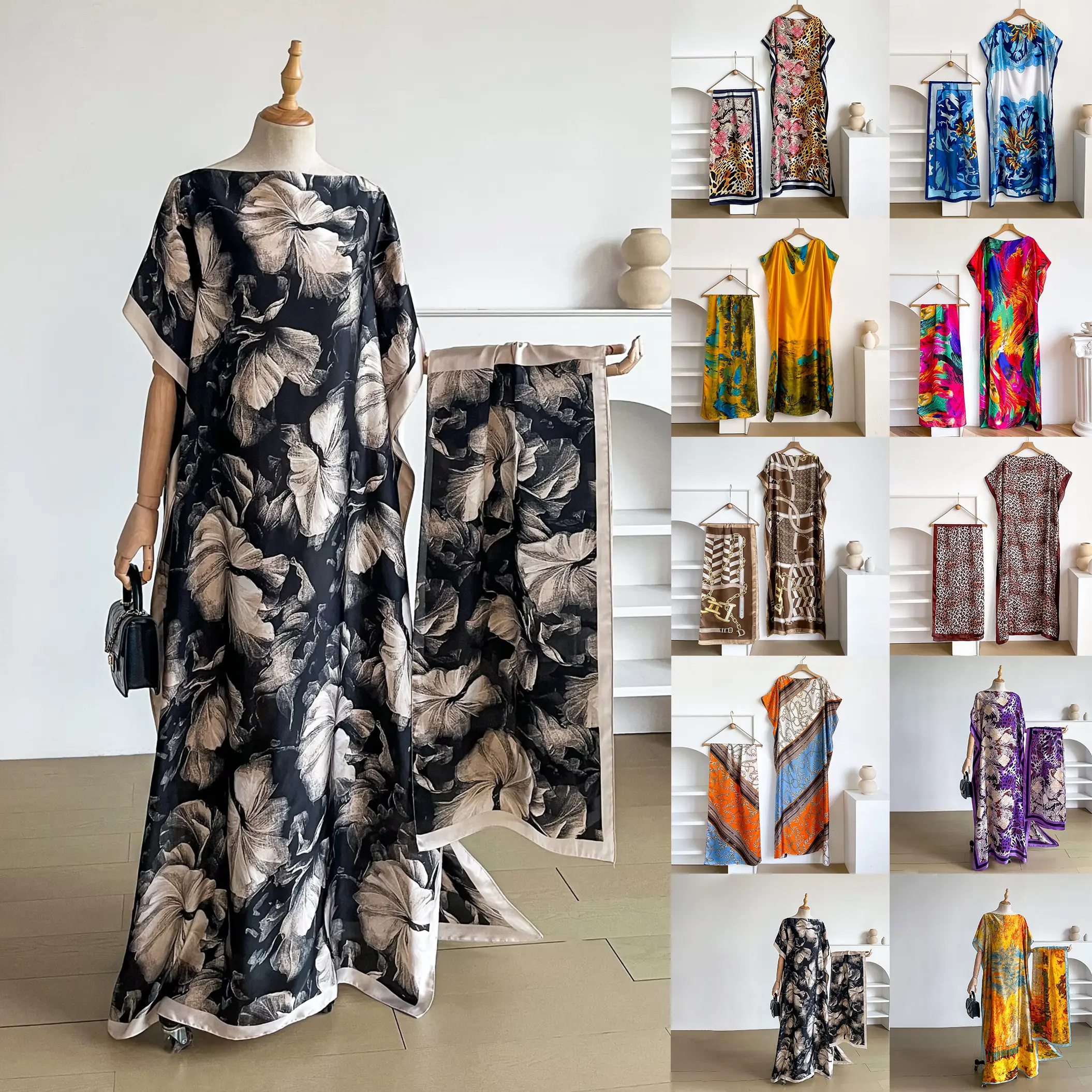 Women's Floral Print Long Dress  Scarf SetBoho Casual Shawl Dress Scarf Set for Beach Vacation Holiday Ladies Clothes for All Seasons