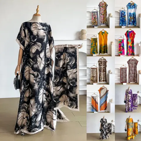 Women's 2-Piece Floral Print Casual Wear Set - Long Dress for Women, Scarf-Shawl Set, Sun-Block Scarf, All-Season Beach-Ready Outfit for Easy Outings (1 Size)