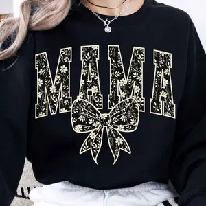 Mama Varsity Bow Sweatshirt, Coquette Floral Toile Mama Crewneck, Watercolor Black Bow Mothers Day Sweater, Retro Preppy Mom Pullover