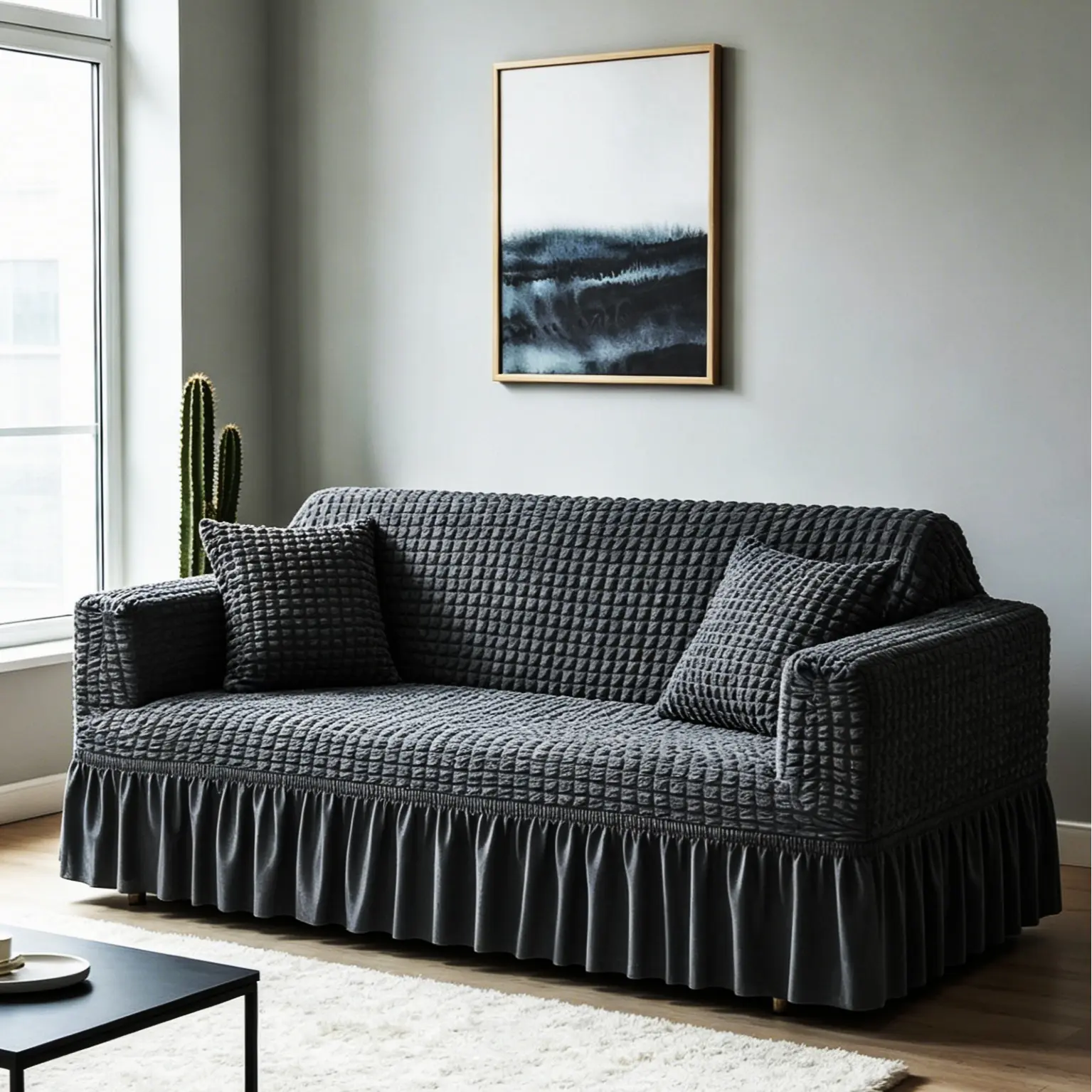 【Summer Wins】1 Pc Seersucker Sofa Slipcover for Couch, High Elastic Stretchable Full Coverage Furniture Cover, Machine Washable & Durable for All Seasons, Dark Gray