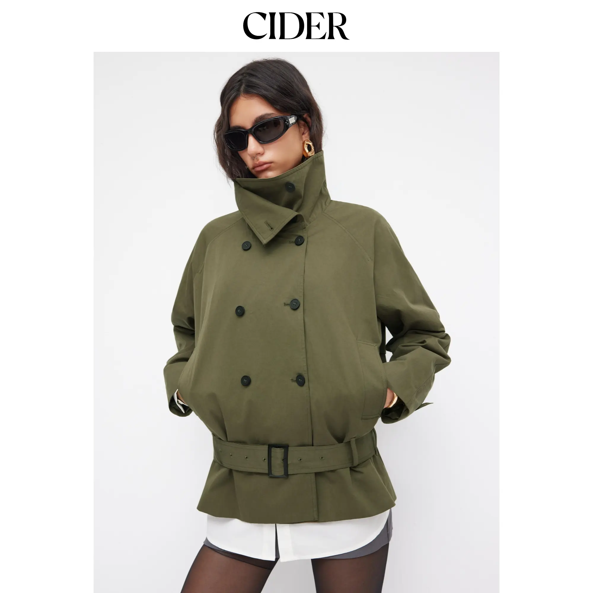 Cider Multi-way Cotton Funnel Neck Double Breasted Oversized Windbreaker With Belt