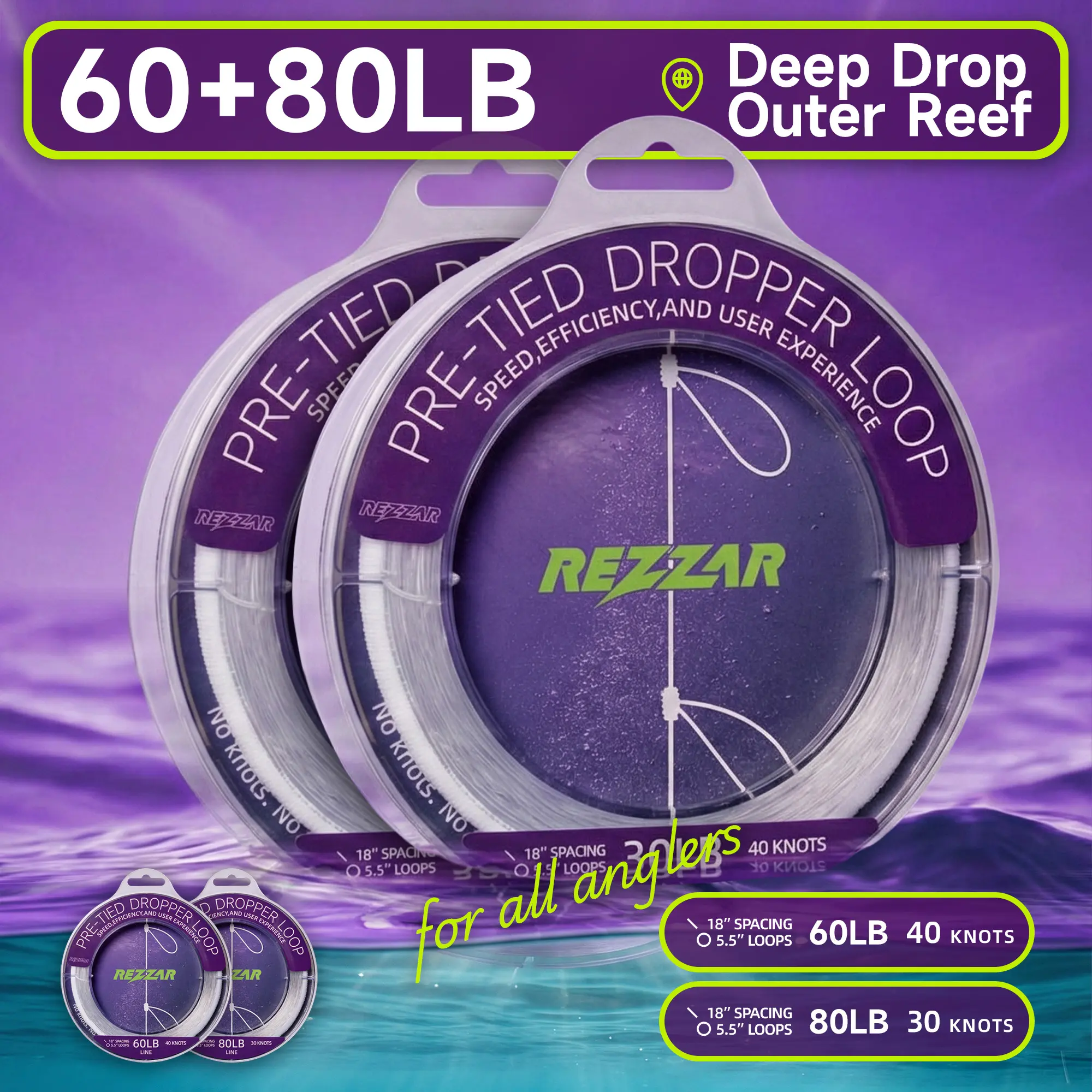 REZZAR Pre-Tied Dropper Loop Rig - 60lb & 80lb Monofilament, 40-Knot Spool, 30-Second Quick Setup, 4-5.5 Inches Flexible Length, for Beginner Anglers, Boat & Deep Offshore Bottom Fishing, Deep Drop, Pre-Tied Loops