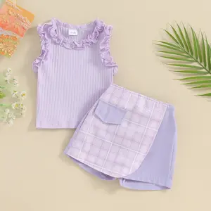 Afunbaby Kids Toddler Baby Girl 2pcs Outfits Set Ruffle Sleeveless Tank Tops and Plaid Print Shorts Skirt Set for Toddler Summer Clothes