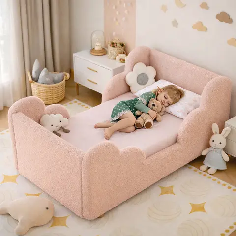 ABORON Unisex Modern Single Toddler Bed Frame - Standard Crib Size, Engineered Wood Build, Soft Fleece Wrap Rails, Headboard, Detachable Legs for Low-Profile Floor Set-Up, Universal Mattress Compatibility, 3-7 Years (No Mattress)