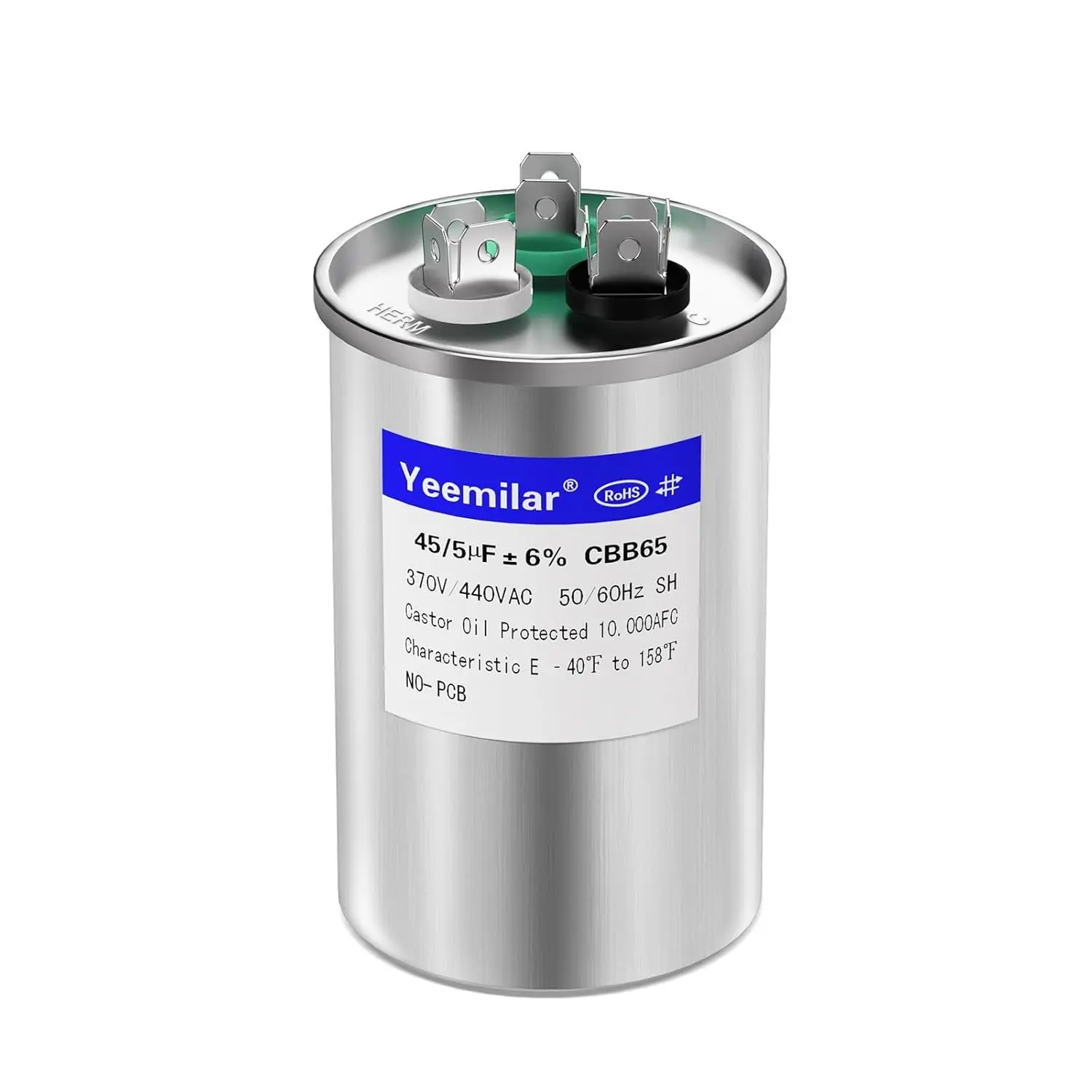45+5 uF 45/5 MFD ±6% 370V/440V CBB65 AC Capacitor, Dual Run Round Capacitor Replacement for HVAC Motor Start, Fan Start, Heat Pump, Condenser Straight Cool