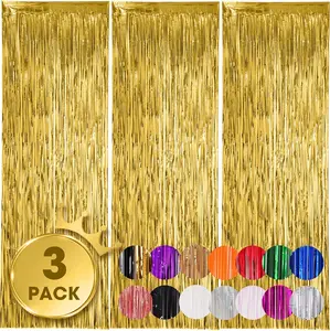 New Deal - 3 Pack 3.3x8.2 Feet Gold Foil Fringe Backdrop Curtains, Tinsel Streamers, Fringe Backdrop for 2025 New Years Eve, Graduation, Birthday, Baby Shower, Gender Reveal, Disco Party