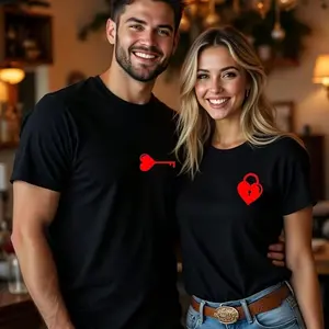Valentine's Day couple's heart key lock print casual and comfortable short-sleeved crew neck T-shirt, suitable for all seasons and holidays.