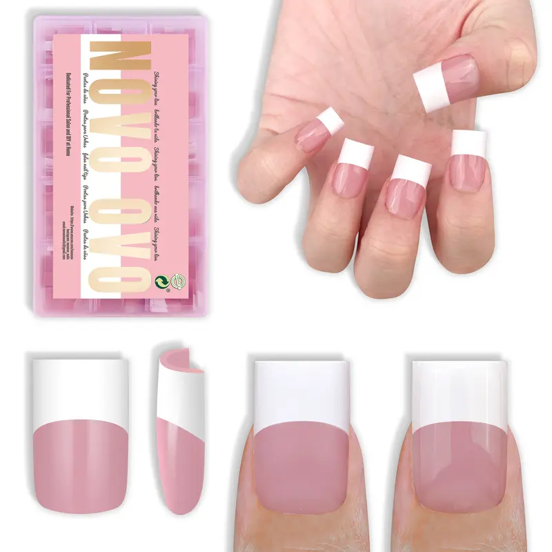 NOVO OVO Press on Nails - Berry Pink Short Sharp Square Old School Retro French Tips, Pre-filed Ends, Soft Gel Full Cover Extensions, 240 Pcs 15 Sizes for DIY Use, Requires Builder Gel Top Coat & Nail Glue