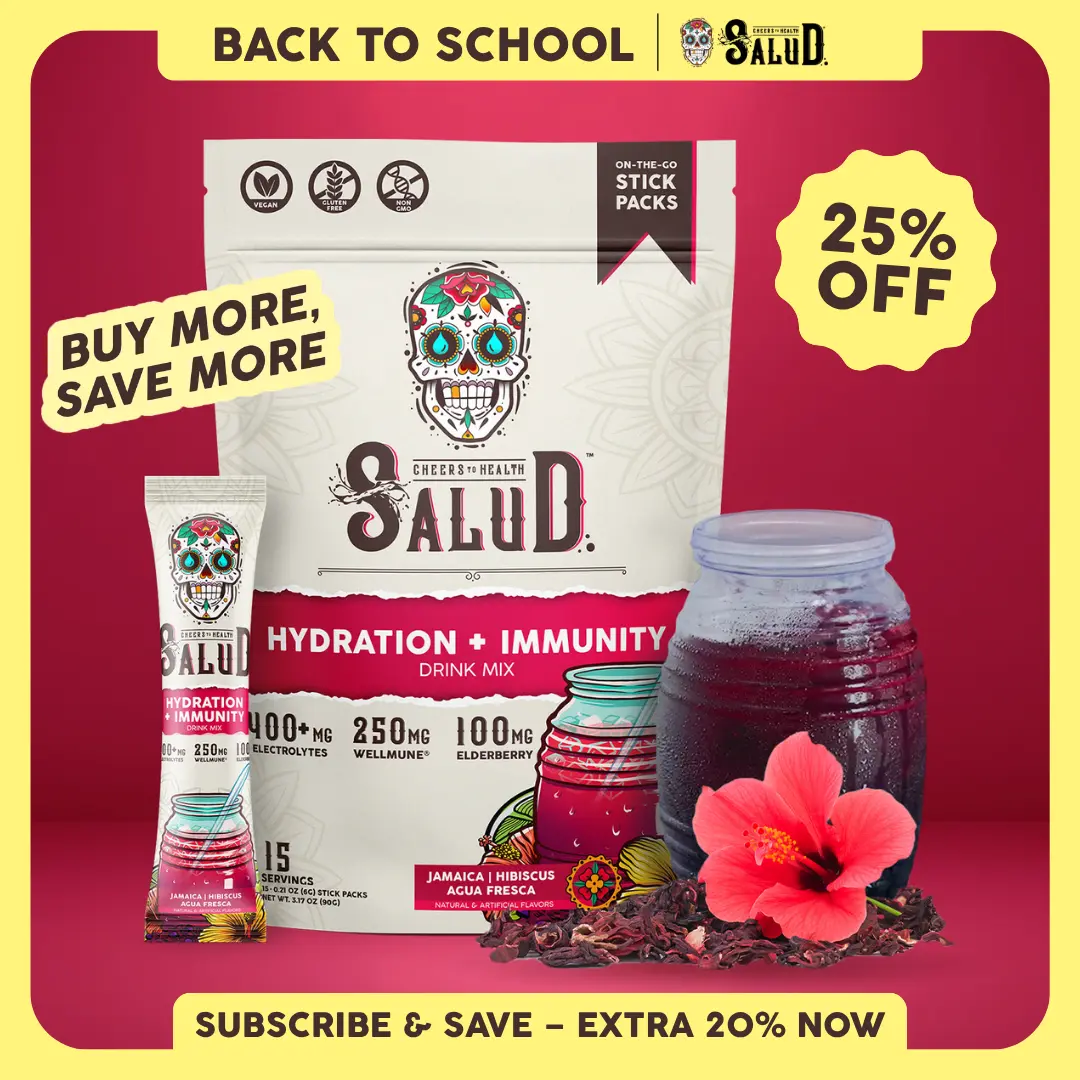 Salud 2-in-1 [Hydration + Immunity - Jamaica | Hibiscus] 400mg Electrolytes, 250mg Wellmune, 100mg Elderberry, Dairy & Soy Free, Non-GMO, Gluten Free - Healthcare, Vitamin (15 Servings)