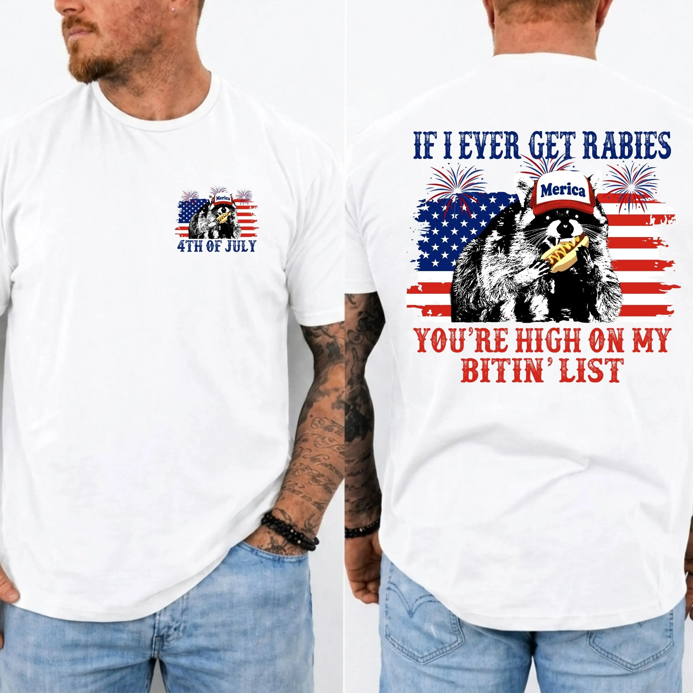 Funny 4th of July Raccoon Graphic T-Shirt, Unisex Casual Cotton Blend Round Neck Short Sleeve Digital Print Party Tee, Customized, Short Sleeve Tee, Relaxed Fit, Women's Clothes, Patriotic Raccoon Graphic Women's T-Shirts, Graphic Print, All Seasons