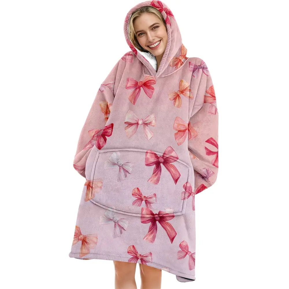 hoodie blanket, Cozy Hooded Blanket, Bow Print Hooded Blanket, Soft Warm Flannel Blanket, Comfy Blanket, Sofa Cover, Home Leisure, Air Conditioning, Camping Travel Gift, Christmas Gift, Bowknot Design Blanket