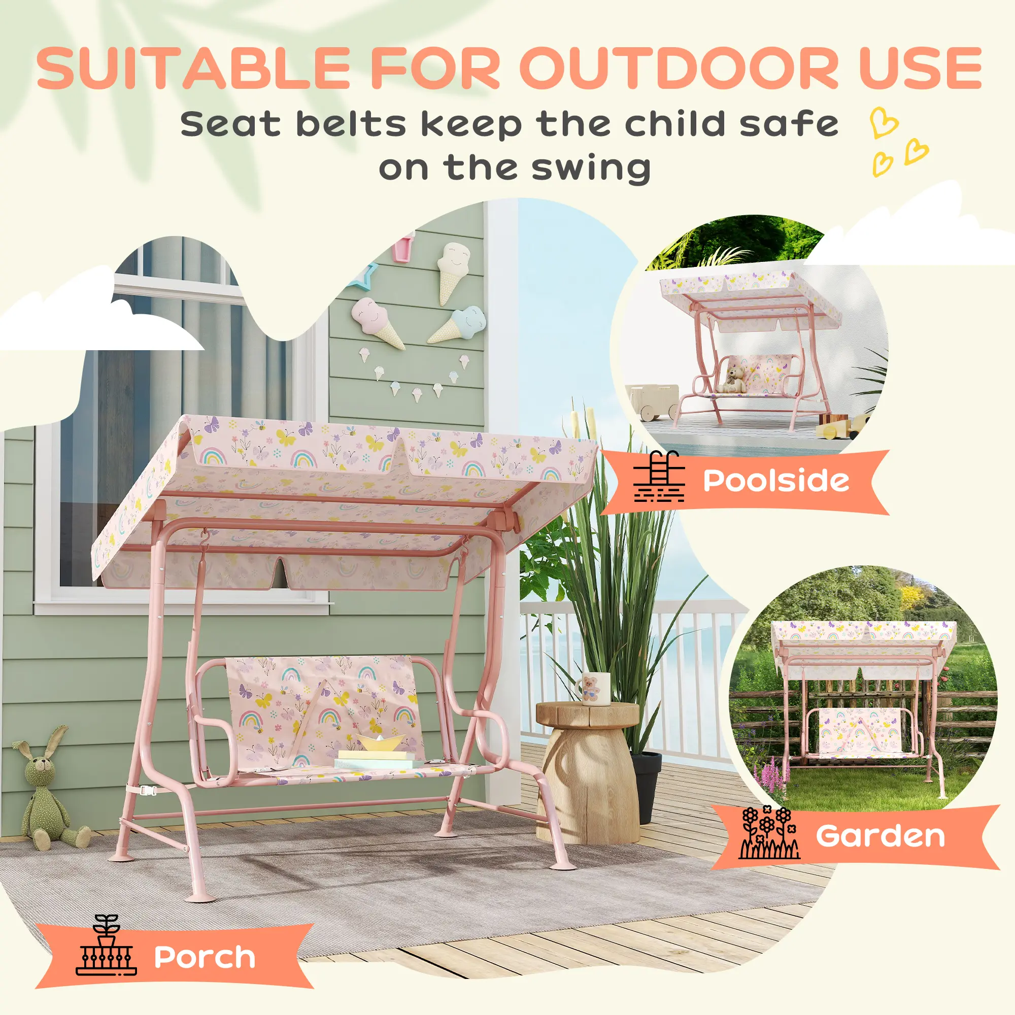 Qaba Kids Patio Swing, 2-Seater Outdoor Porch Swing Chair with Adjustable Canopy, Safety Belt, Hanging Swing Bench for Garden, Backyard