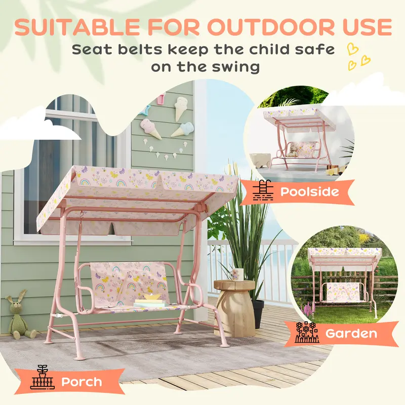 Qaba 2-Seater Kids Metal Outdoor Swing Chair - 44.1"l x 29.5"w x 47.2"h, Adjustable Canopy, Added Safety Belt, Monkey/Ladybug/Rainbow Accents, 132 lbs Weight Limit, for 1-2 Children (Fox-Themed Garden, Poolside Use)