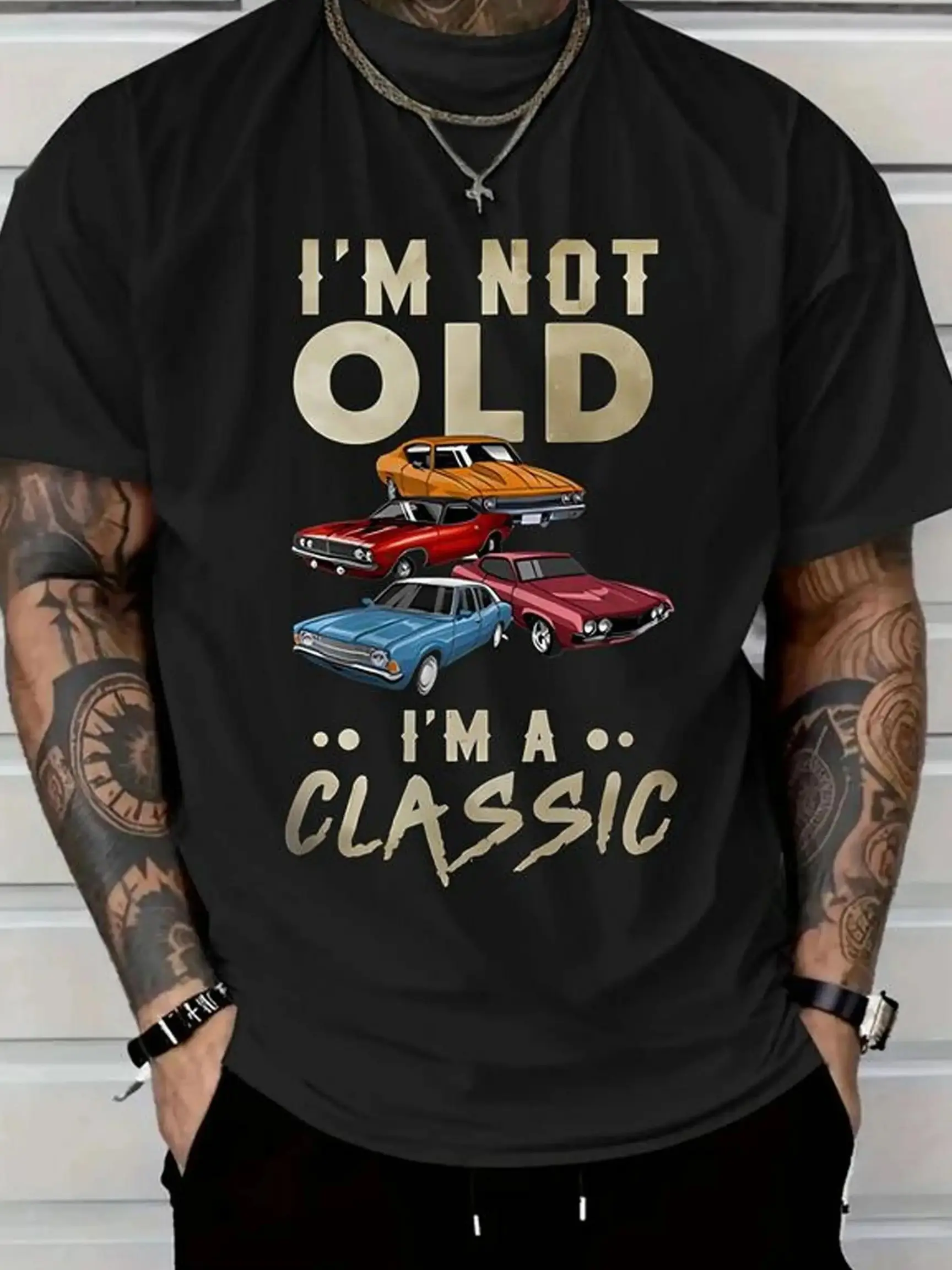 Men's I'm Not Old I'm A Classic Pattern T-shirt, Car Print-Durable and Breathable, Suitable for Casual Wear, Casual Soft Cotton Crew Neck, Short Sleeve, Dad Shirt for Men, Father's Day Gifts cotton tee