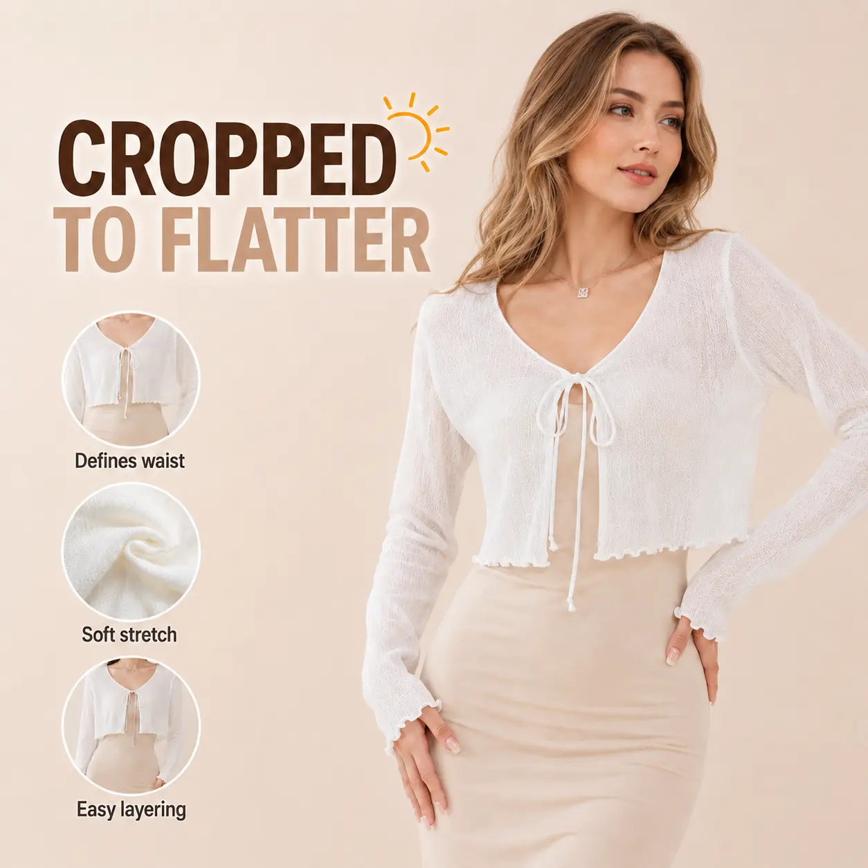 Women’s Lightweight Cropped Knit Cardigan Tie Front Long Sleeve Summer Cover Up for Dresses