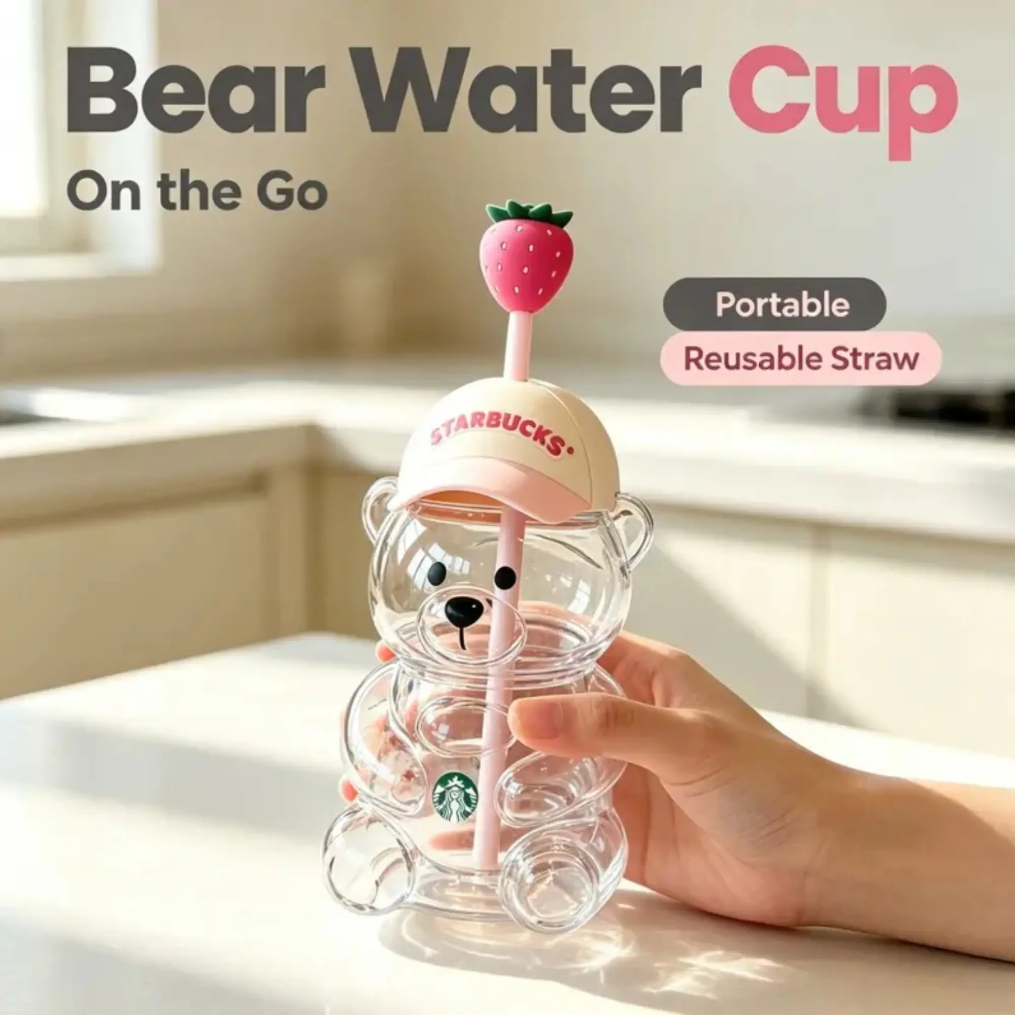 Strawberry Bear Shaped Glass Cups, Romantic Pink & Green Teddy Bear Glass Mug with Airtight Cap, Decorative Drinking Jar for Valentine’s Party Decor, Engagement, Anniversary Gift, Creative Cocktail & Soda Glassware