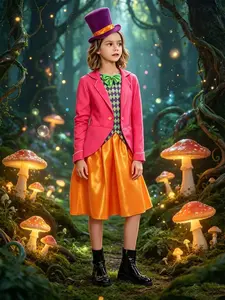 Vibrant Coat + Rhombus Vest + Bright Skirt Set, Perfect for Theme Parties, Cosplay, Stage Performances, Magical Forest Look
