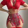 Women's 6-Piece Halloween Soft Lingerie Clothes Set - Sleeveless Sheer Tie-Front Crop Top, Plaid Slit Short Skirt, Mesh Stocking & Accessories for Women's Roleplay Costumes, Comfortable
