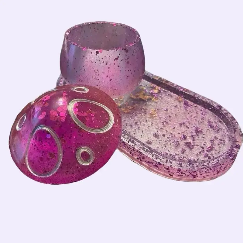 Handmade Resin Mushroom Storage Jar & Tray Set with Glitter Mica Powder Customizable Color Bottles Canister Organiser Tin