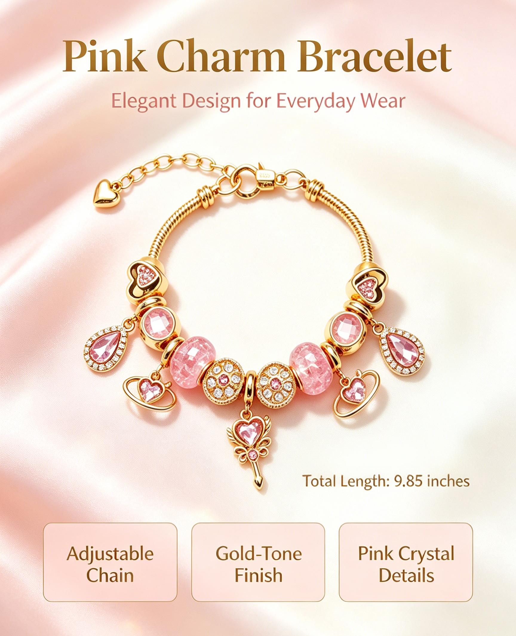 Sparkle & Sweetness: Pink Crystal Heart Charm Bracelet - Gold Snake Chain Adjustable Bangle for Her Sparkle & Sweetness: Pink Crystal Heart Charm Bracelet - Gold Snake Chain Adjustable Bangle for Her