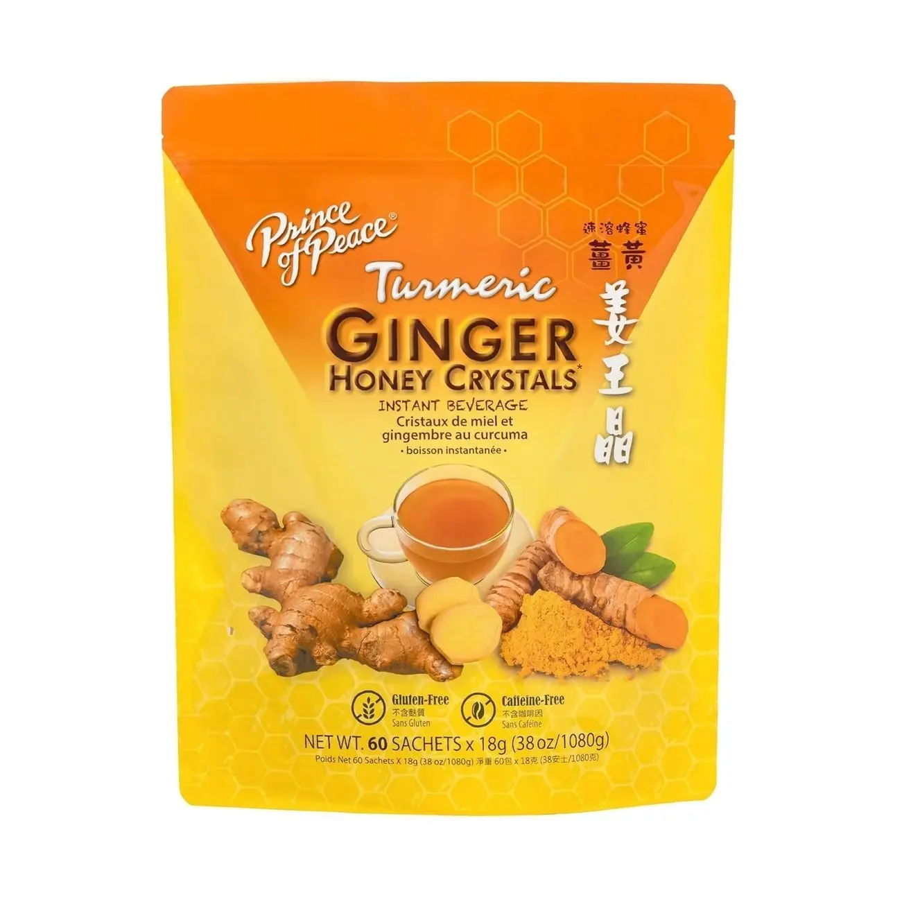 Prince of Peace Instant Ginger Honey Crystals with Turmeric, Value Pack 60 Sachets – Instant Hot or Cold Beverage Easy to Brew – Drink Like a Tea – Caffeine and Gluten Free – Real Ginger 38oz (1080g)undefined