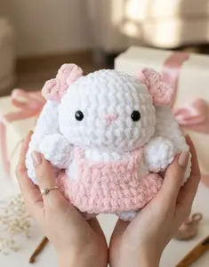 Cute Handmade Crochet Bunny Plush Toy – Adorable Amigurumi Long Eared Rabbit in Pink Dress, Soft Knitted Stuffed Animal for Baby Shower, Birthday & Holiday Gift