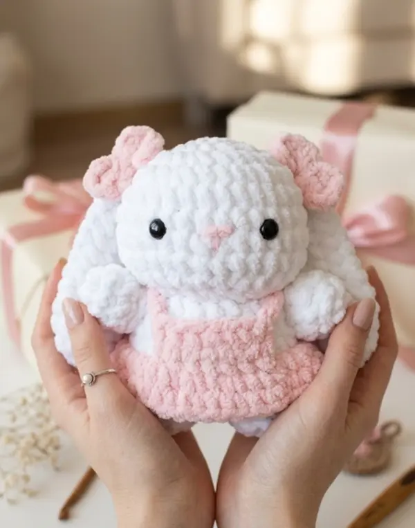 Cute Handmade Crochet Bunny Plush Toy – Adorable Amigurumi Long Eared Rabbit in Pink Dress, Soft Knitted Stuffed Animal for Baby Shower, Birthday & Holiday Gift
