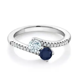 Gem Stone King Two-Stone Bypass Ring for Women in 925 Sterling Silver | 4MM Round Gemstone Birthstone and Aquamarine | Crossover Anniversary Engagement Wedding Promise Ring | Sizes 5, 6, 7, 8, 9