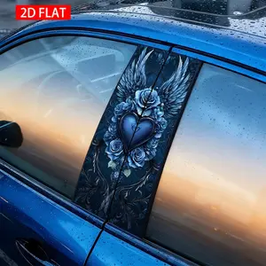 2 Pairs Gothic Style Blue Rose Wing Heart Car Door Edge Stickers, Polyester Self-Adhesive Waterproof Scratch-Resistant Decorative Stickers