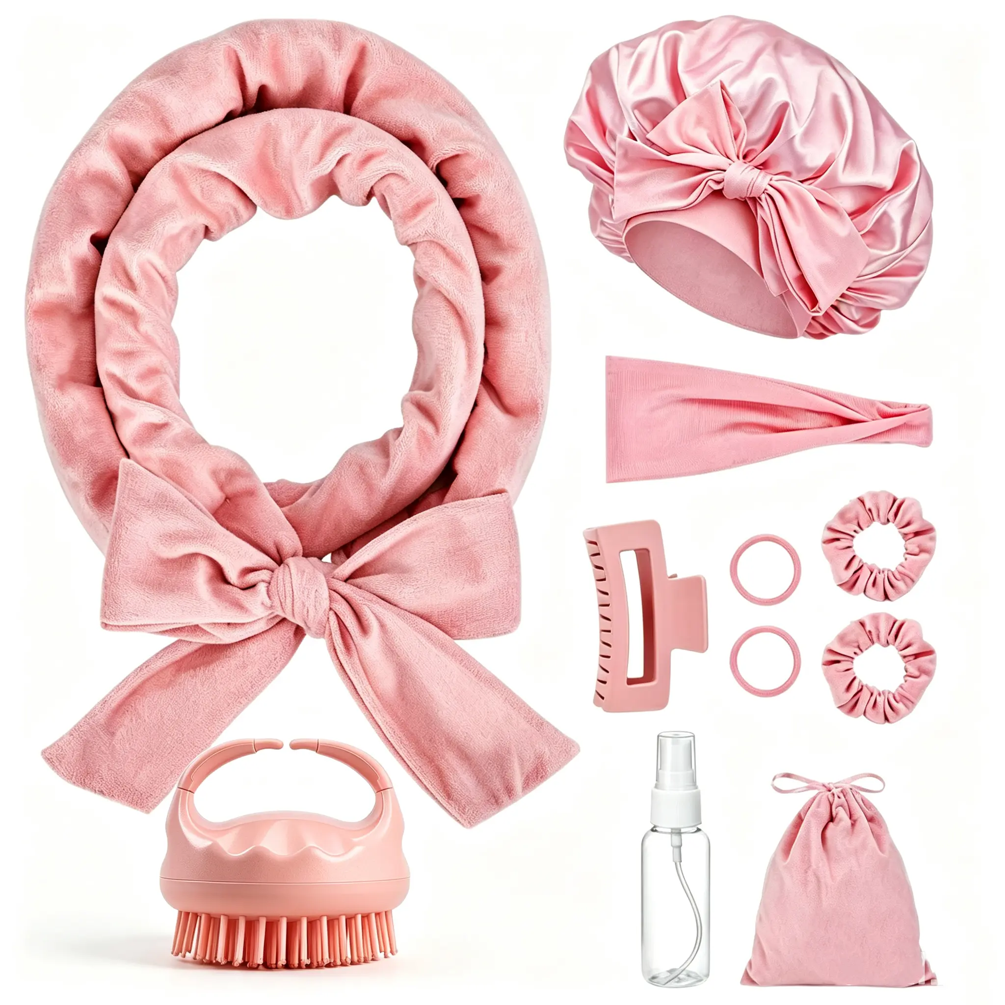 Overnight Heatless Velvet Curling Rod Set with Satin Bonnet, Damage-Free Sleep-In Styling Kit for All Hair Types, Reusable Lazy Curl Tool Works with Styling Spray, Includes Soft Silicone Bristle Scalp Scrubber for Deep Scalp Cleansing