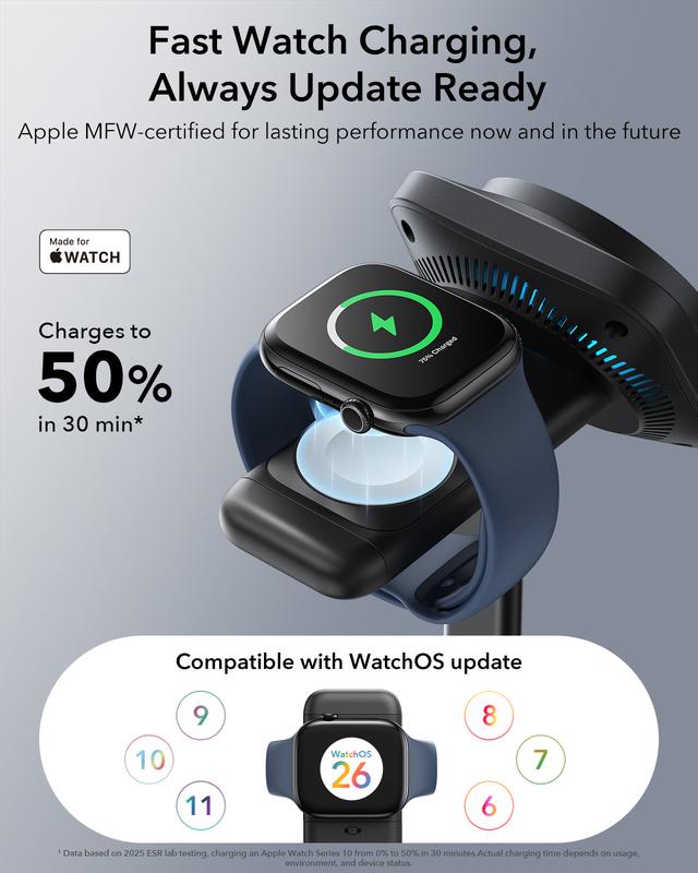 ESR for 3-in-1 Charging Station, Qi2.2 Certified 25W MagSafe Charger Stand with CryoBoost, Phone-Cooling Fast Charging Station, for iPhone 17/16/15/14/13/12, AirPods, Apple Watch