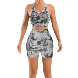 MAENER Camouflage Seamless Knit Sportswear Set H-Back Tracksuit Set for Women High-Waist Yoga Top & Shorts Breathable Fitness Outfit with Tummy Control & Butt-Lifting Design  2 Piece Workout Sets High Waisted Biker Shorts Built in bra Racerback Tank Top,s