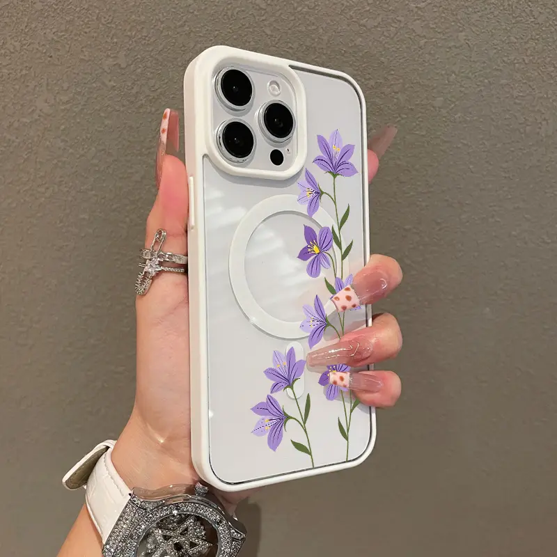 Magnetic TPU Phone Case for iPhone Series (17, 16 E Pro Max, 15 Plus, 14, 13, 12, 11, XS, XR) - Purple Floral Branch Aesthetic Print, Shockproof, Silicone, Lightweight, Scratch-Resistant iOS Accessories