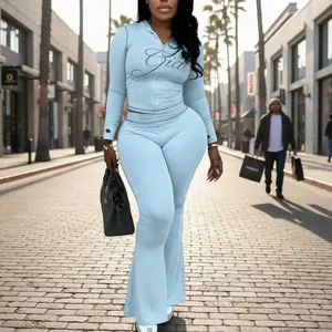 Gia Logo Y2K Two Piece Set Women – Zip Up Crop Top & High Waist Flare Pants, Slim Fit Streetwear Tracksuit, Perfect for Spring Break, Hot Girl Summer, Pool Parties & 2026 Spring Summer Outings, Medium Stretch Knit Fabric