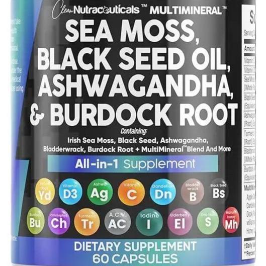 Sea Moss 3000mg Black Seed Oil 2000mg Ashwagandha 1000mg Turmeric 1000mg Bladderwrack 1000mg Burdock 1000mg & Vitamin C & D3 With Elderberry Manuka Dandelion Yellow Dock Iodine Chlorophyll ACV