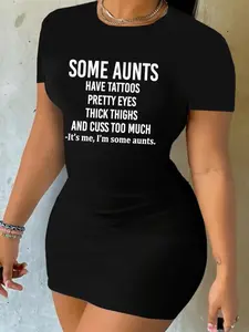 Women's Letter Print Round Neck Bodycon Dress, Fashion Casual Short Sleeve Short Dress for Daily Outdoor Wear, Ladies Dress for Summer