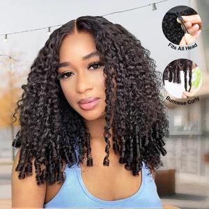 Simidola Burmese Curly Half Wig Glueless No Lace Upgrade With Drawstring Cap Invisible Hairline Human Hair Wigs Friendly  Beginners 180% Density Natural Black Spiral Curly End Human Hair summerwins