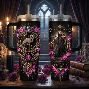 Sleep Token “Even In Arcadia” Stainless Steel Insulated Travel Tumbler With Handle & Straw Lid 20oz 40oz Full Wrap Gold Gothic Mask Floral Design