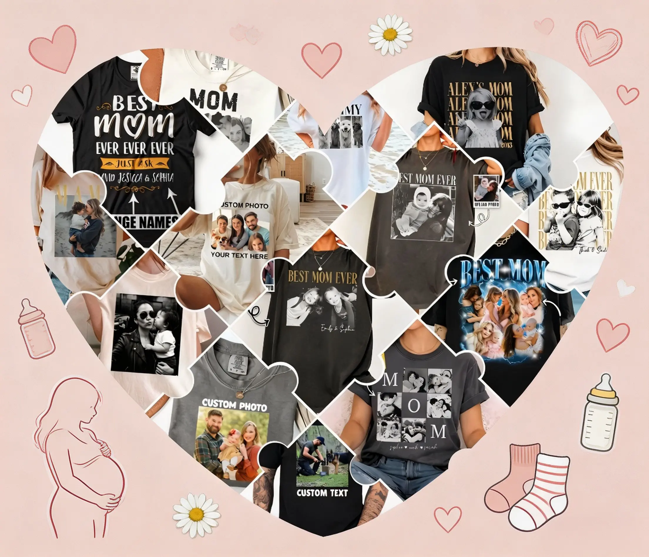 Custom Mama T-Shirt Personalized With Kids Names Custom Text Mom Tee, Unique Mother's Day Gift, Customized Blessed Mom Shirt Gift For New Mom, Mom Birthday Gift Custom Family Tee Women Casual Streetwear