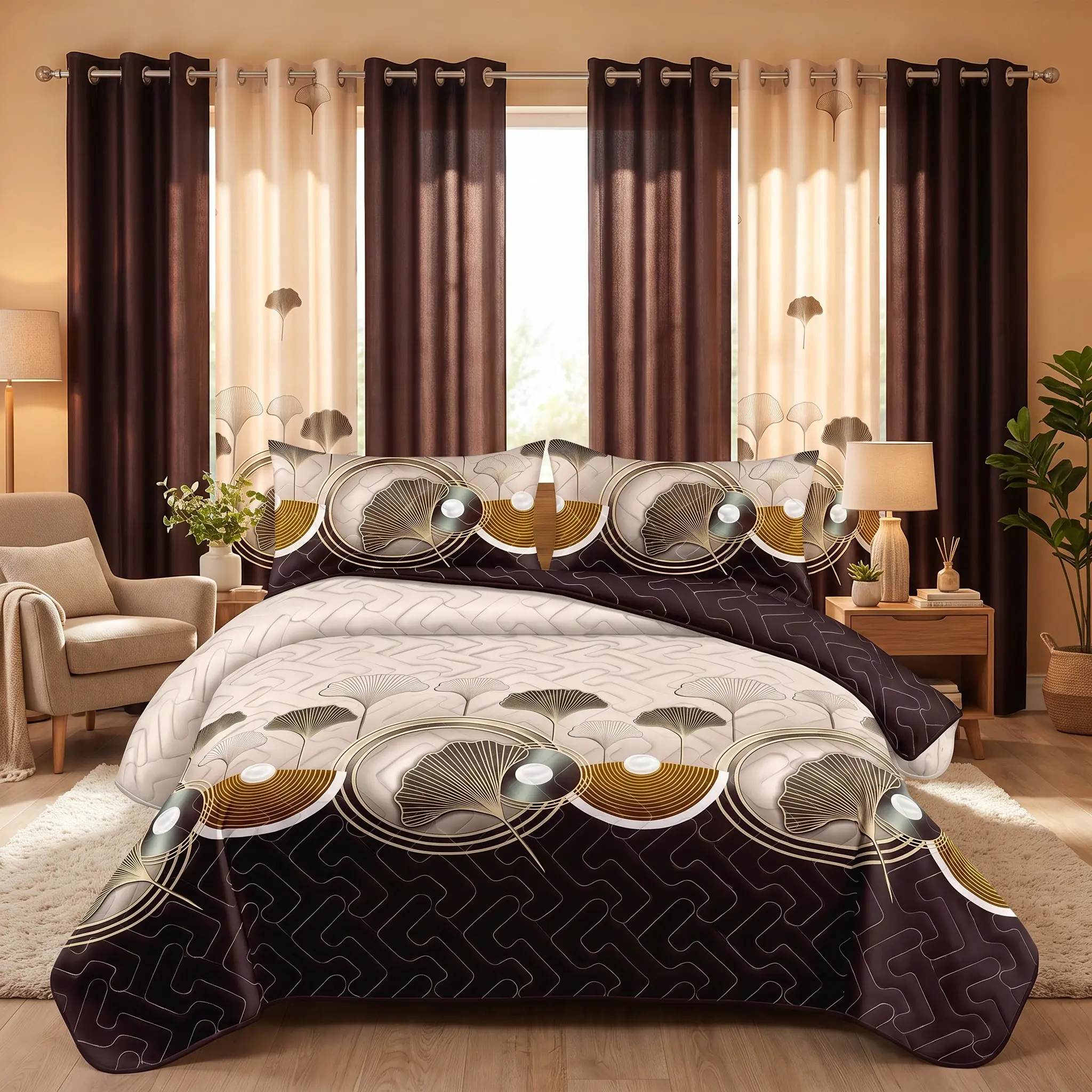 Brown Black Lotus 9-Piece Bedspread Set | Complete Room-in-a-Bag Bedding Kit | Quilted Cover +6 Light Filtering Curtains +2 Pillowcases | Soft Microfiber, Wrinkle Fade Resistant, Washable | Queen/King/Cal King | NOT Thick Comforter & Non-Blackout Curtains