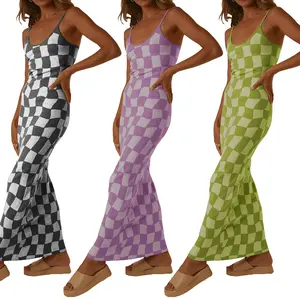 Women´s Summer Long Cocktail Dress Sleeveless Checkerboard Print Spaghetti Strap Dress