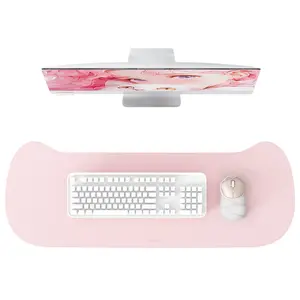 Cat Ear Design Large Gaming & Office Desk Mat | Pink, PVC Leather & Waterproof | Non-Slip Stitched Edge, Easy-Clean | Smooth Gliding for PC/Laptop | 2-in-1 as Keyboard Cover | Perfect Gift for Cat Lovers & Spreadsheet Workers (47.2"×16.9")
