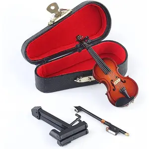 Wooden Miniature Violin with Stand, Bow and Case Mini Musical Instrument (3.15"x1.18"x0.59")