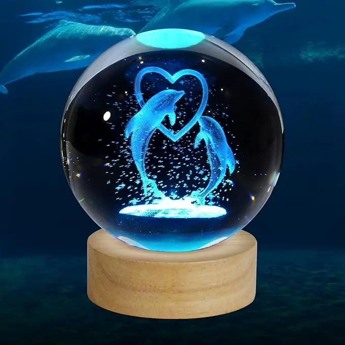 Father's Day 3D Laser Engraved Dolphin Crystal Ball, Romantic Dolphin & Heart LED Night Light, 60mm Sea Animal Figurines Decor Glass Sphere Lamp Gifts for...