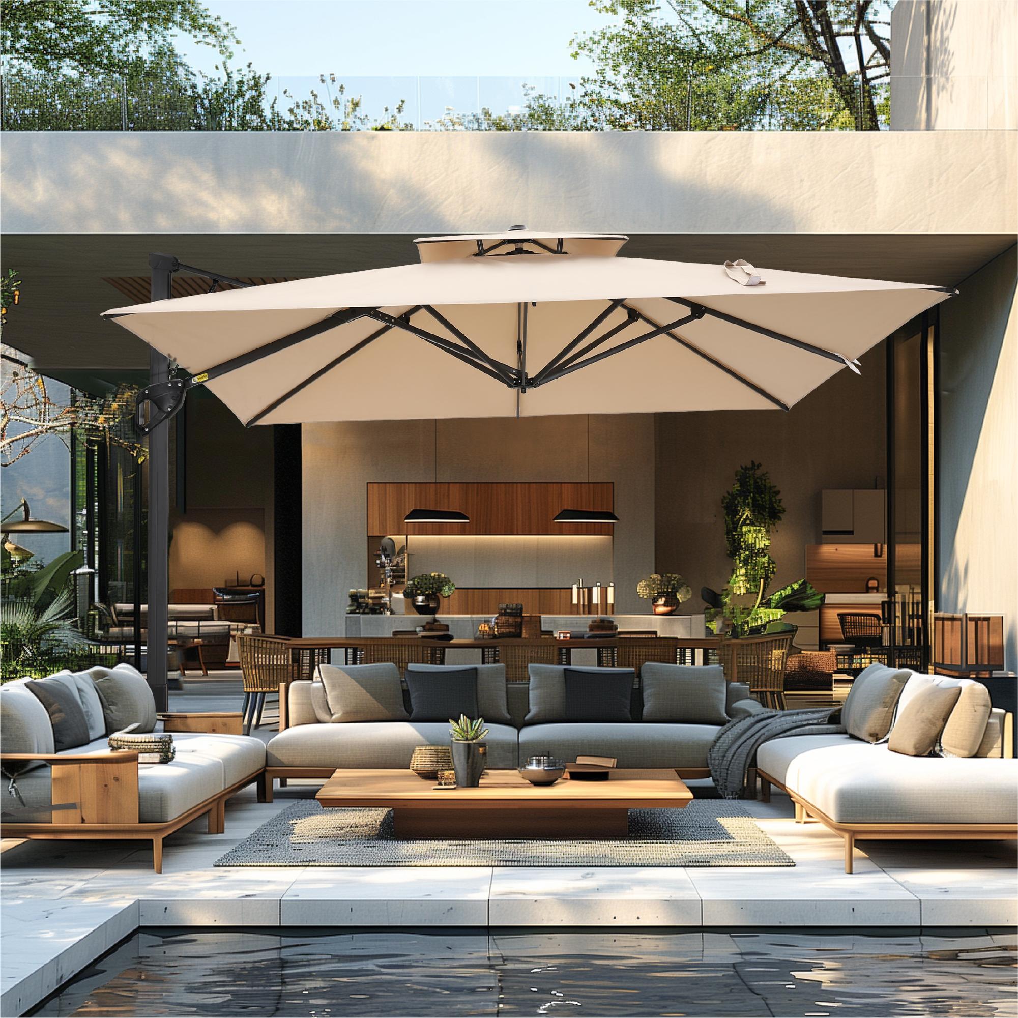 PHI VILLA 9ft X 12ft Cantilever Patio Umbrella with 360° Rotation, Heavy Duty Hydraulic Double Umbrella Windproof for Outdoor Use, Summer's Day