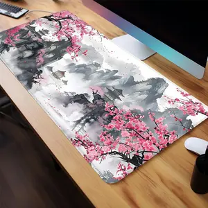 Cherry Blossom Mountain Ink Design Mouse Pad, Rectangle Gaming Mouse Pad, Non-Slip Rubber Base Stitched Edge Desk Pad for Home Office, Desk Setup, Desk Accessories