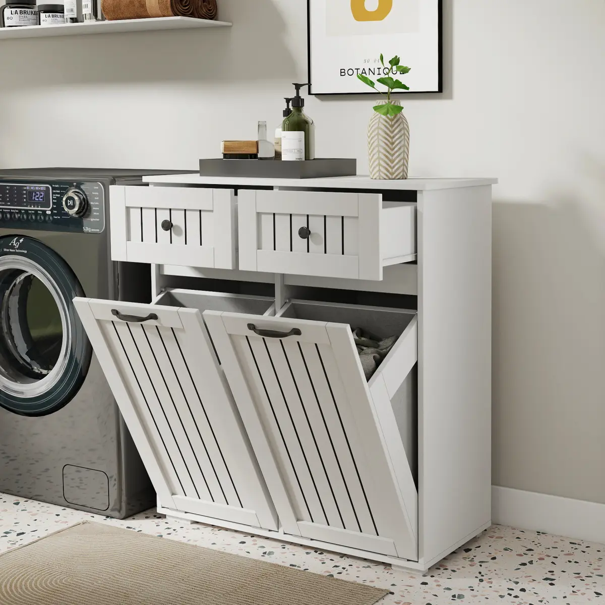 Classic Style Wood Indoor Waterproof Laundry Organizer Floor Cabinet with 2 Removable Baskets, 2 Drawers, Indoor Floor Cabinet, Indoor Floor Cabinets