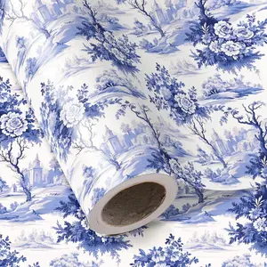 Blue White Floral Wrapping Paper Roll - Mini Roll - 17 Inch x 16.5  -  Blue  Toile De Jouy Design  for Wedding, Birthday, Bridal Shower,  Party